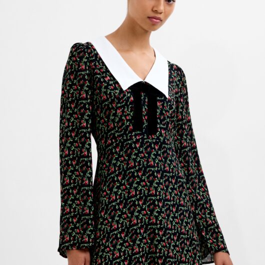 Yasmin Crepe Collar Long Sleeve Mini Dress Black Julia Ditsy Bloom Florals