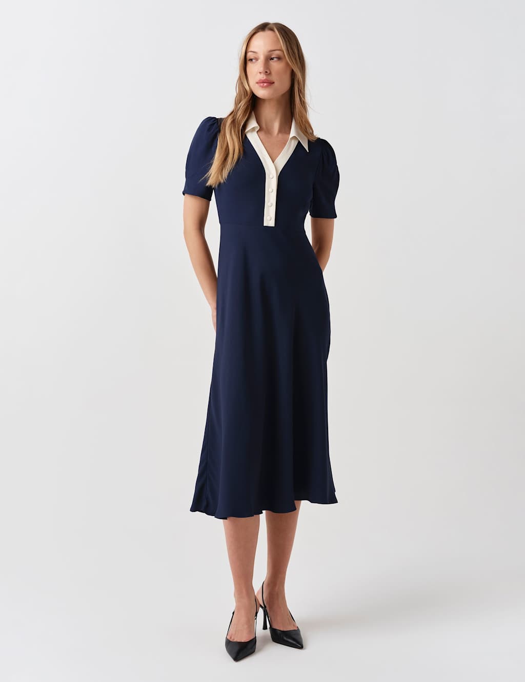 Ghost Contrast Collar Midi Shirt Dress Navy