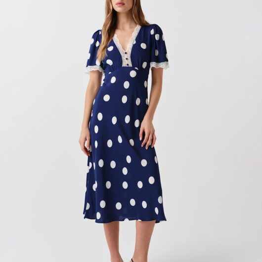 Ghost Crepe Spot Lace V-Neck Midi Tea Dress Navy Mix