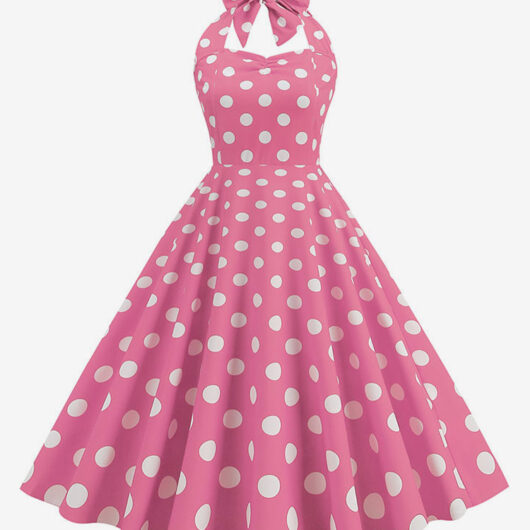 Vintage Chic Pink Polka Dot Halter Midi Dress