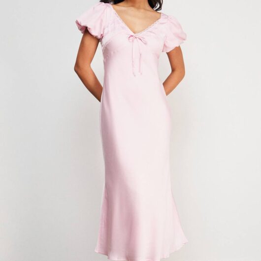 Warehouse Women's Satin Lace Insert Puff Sleeve Midi Tea Dress in Pale Pink | Size: 12
